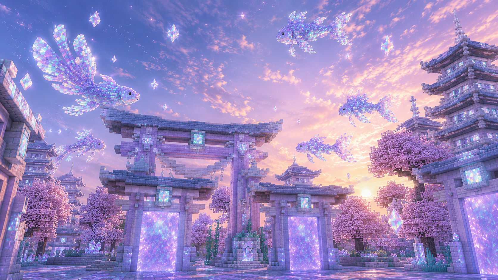 OpalCraftSMP spawn — an opal torii gate under a lavender sky with glasstone koi